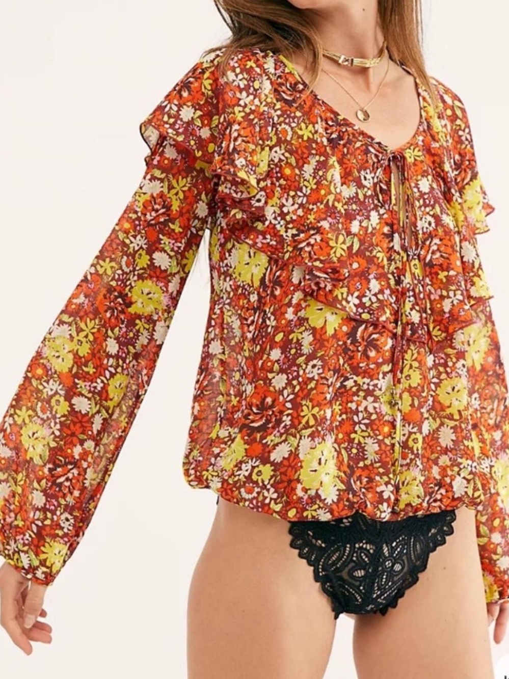 Intimately Free People Red Sienna Floral Lace Boho Bodysuit Size S